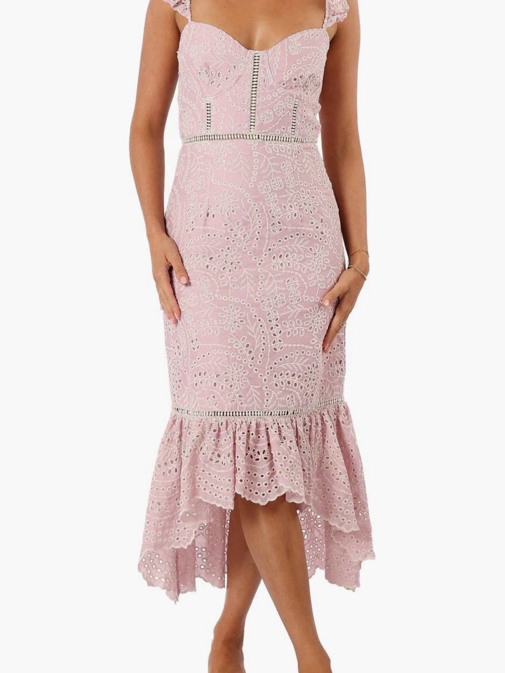 Petal & Pup Eyelet Lace High-Low Midi Dress in Blush Pink
